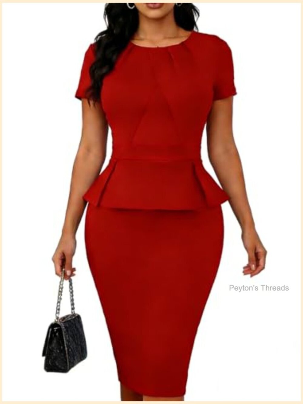 Elegant Midi Pencil Bodycon Dress Short Sleeve Peplum for Work Cocktail Church - Picture 4 of 6